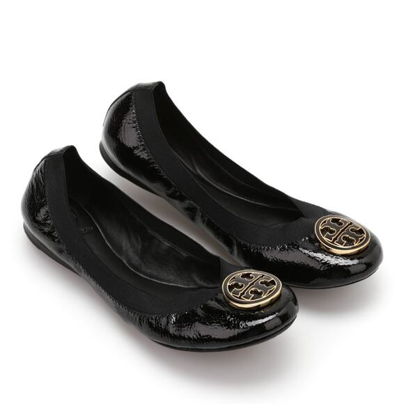 Tory Burch | Womens Caroline Naplak Flats Black Patent Leather Shiny Ballet Logo - Picture 2 of 9